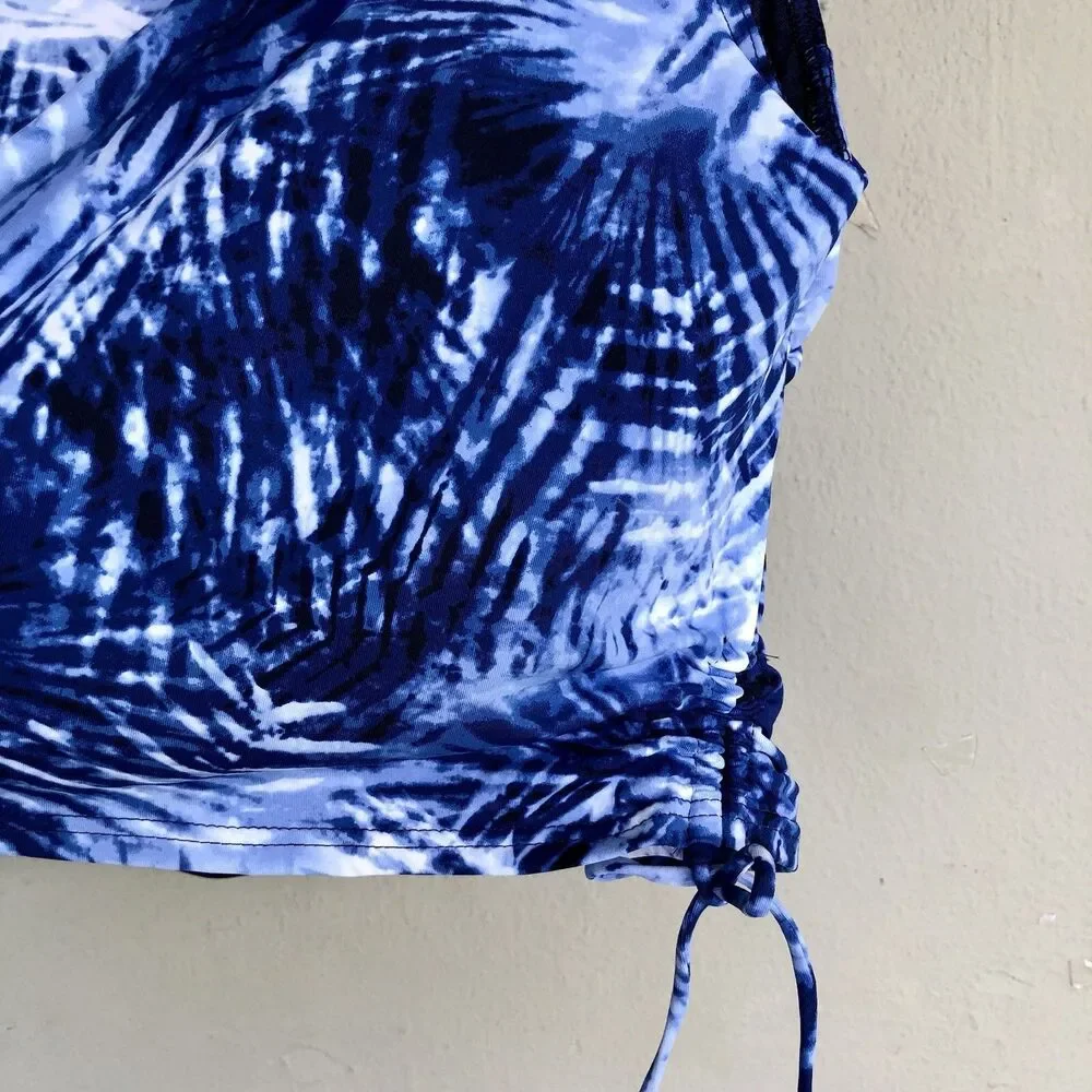 Lands End Tie Dye Tankini Swim Top Women 18W Blue Palm Print Padded Beach Resort